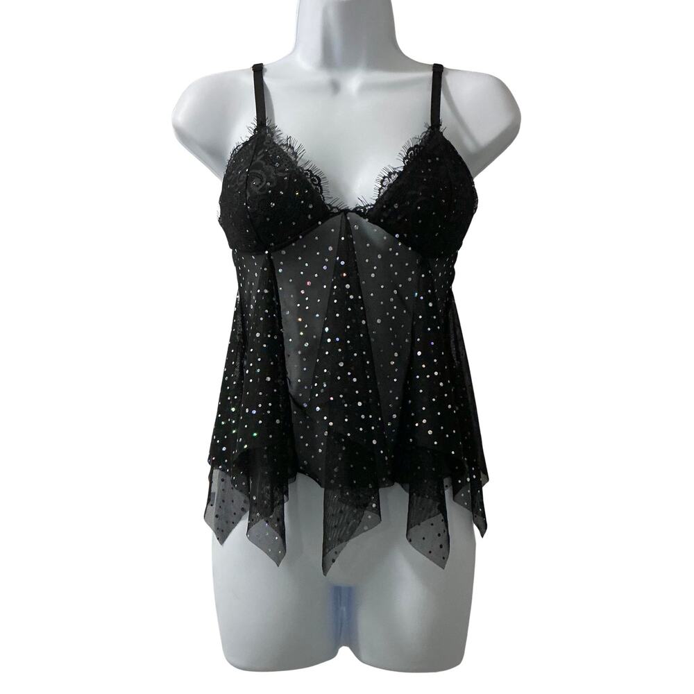 Victoria’s Secret Y2K 2005 Black Lace Tulle Baby Doll Rhinestone Bra Top Size S